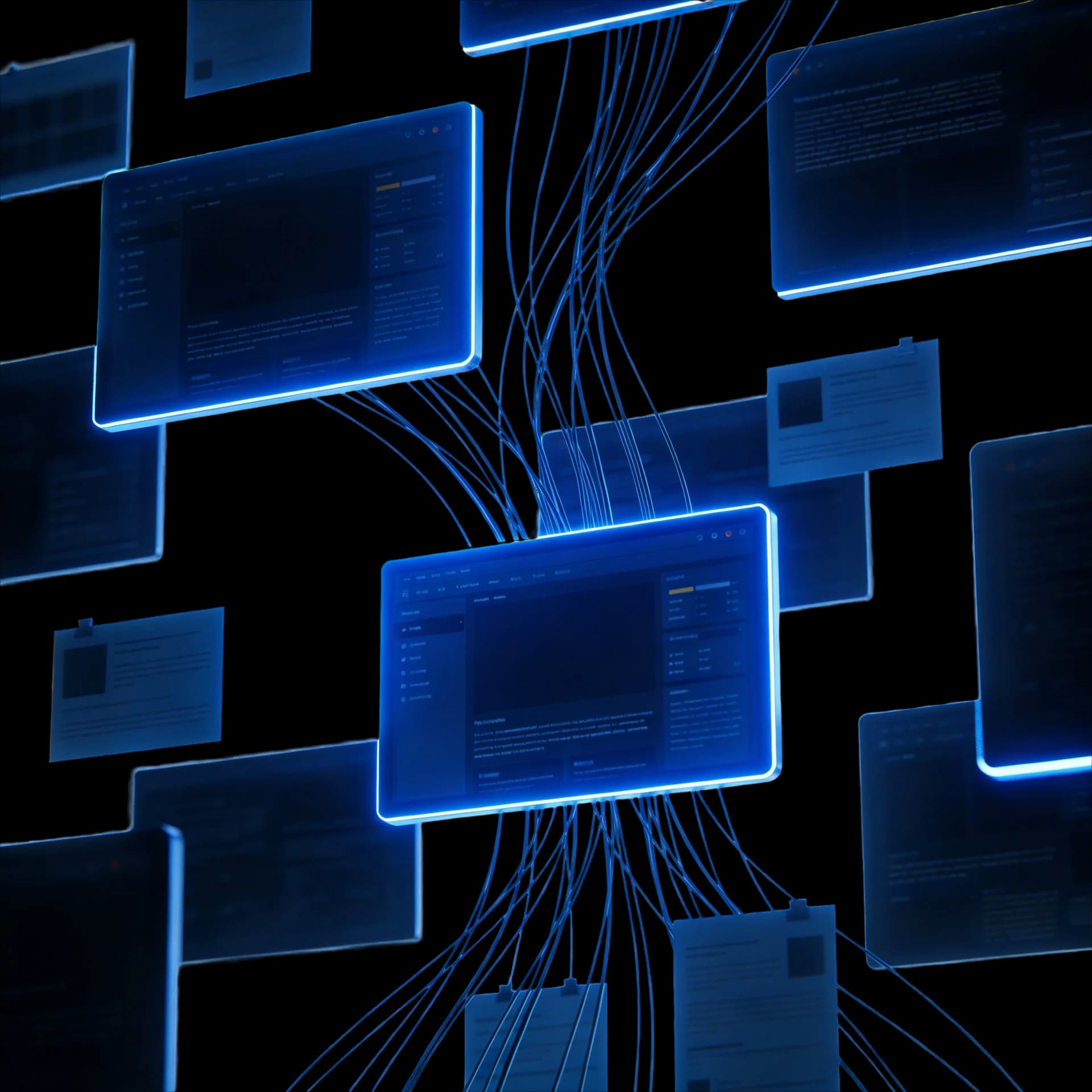 3D illustration of a connected system of floating product and UI elements
